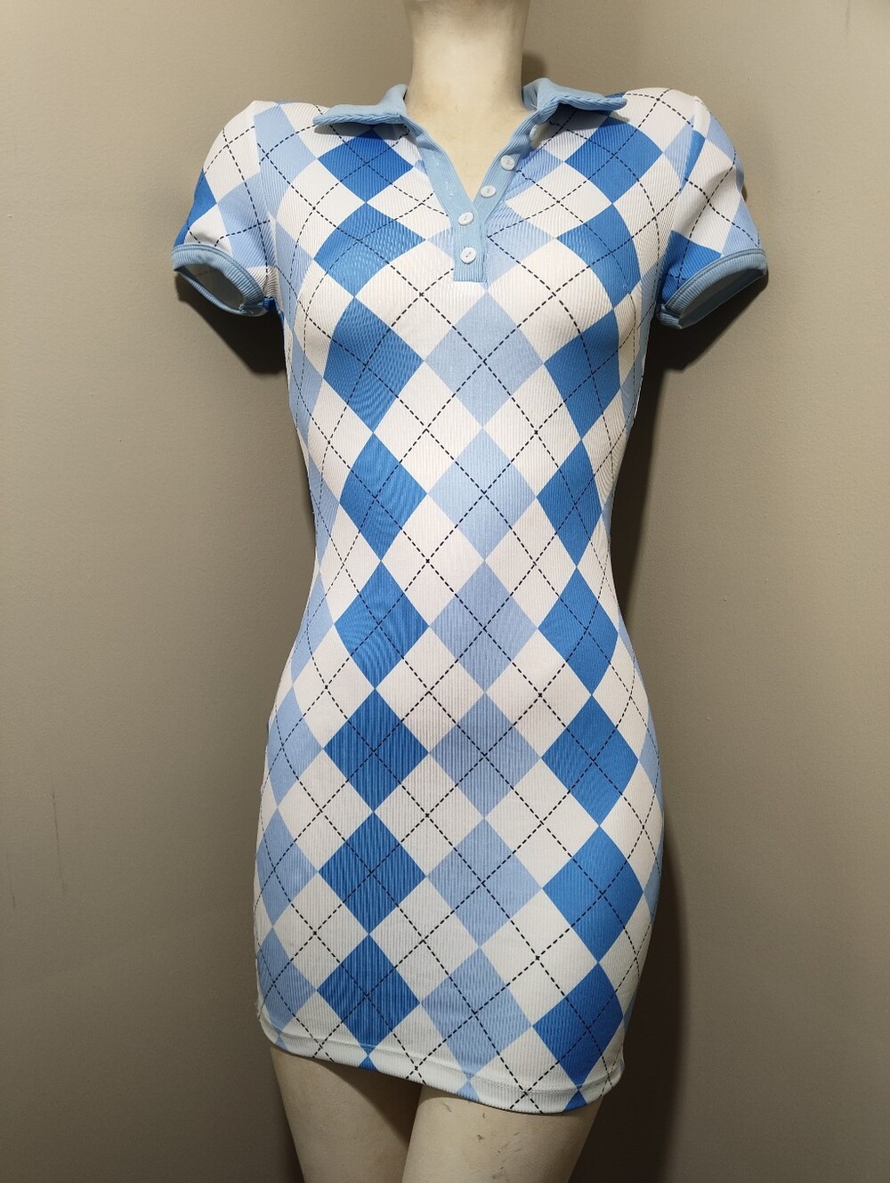 Princess Polly Blue Argyle Ribbed Polo Mini Dress Size 4 - Picture 2 of 7